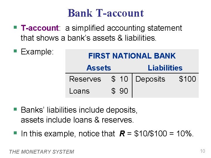 Bank T-account § T-account: a simplified accounting statement that shows a bank’s assets &