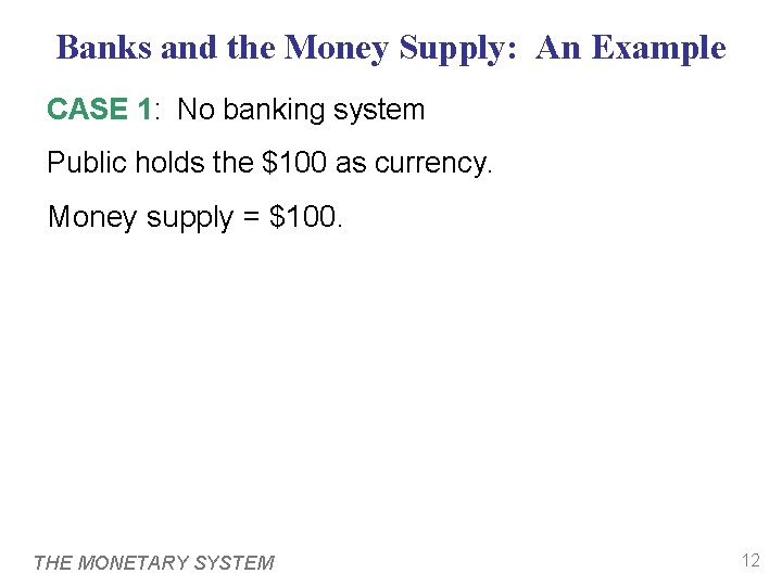 Banks and the Money Supply: An Example CASE 1: No banking system Public holds