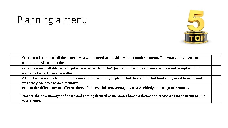 Planning a menu Create a mind map of all the aspects you would need