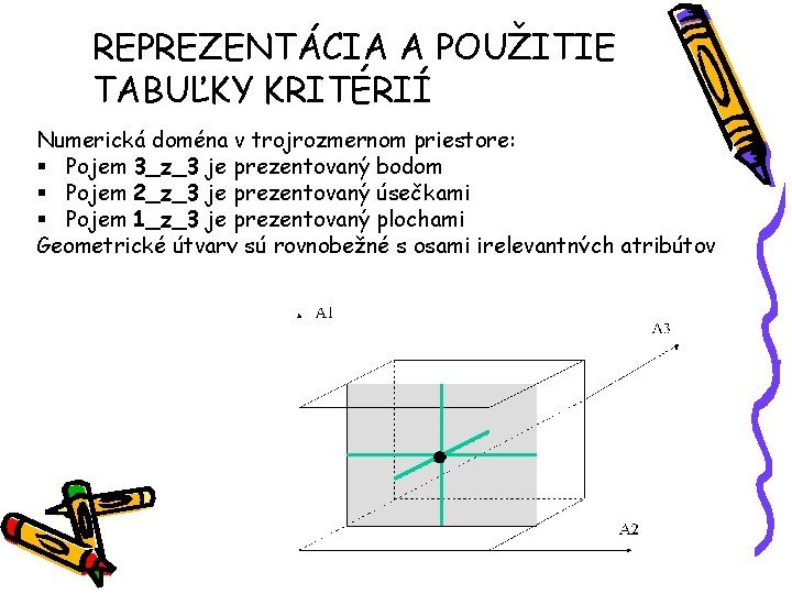 REPREZENTÁCIA A POUŽITIE TABUĽKY KRITÉRIÍ Numerická doména v trojrozmernom priestore: § Pojem 3_z_3 je