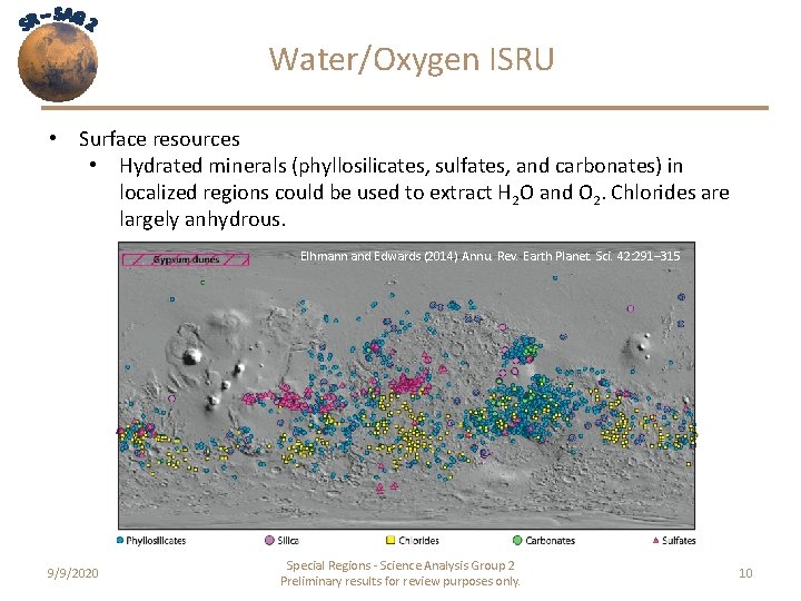 Water/Oxygen ISRU • Surface resources • Hydrated minerals (phyllosilicates, sulfates, and carbonates) in localized