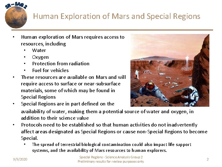 Human Exploration of Mars and Special Regions • • • Human exploration of Mars