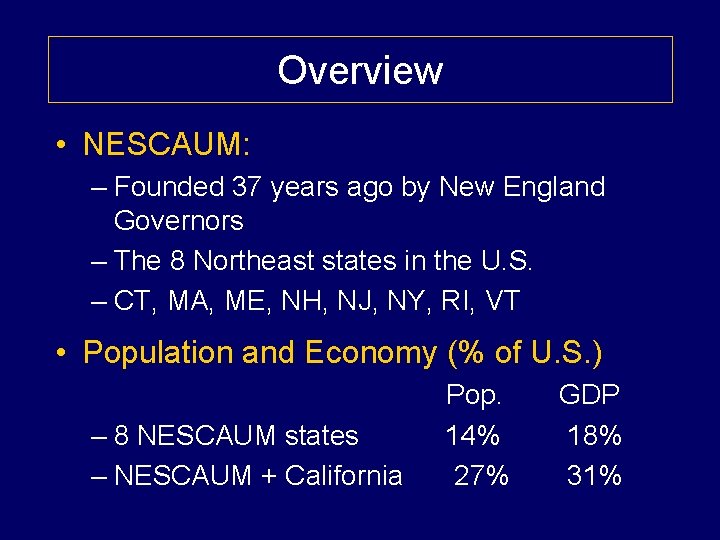 Overview • NESCAUM: – Founded 37 years ago by New England Governors – The