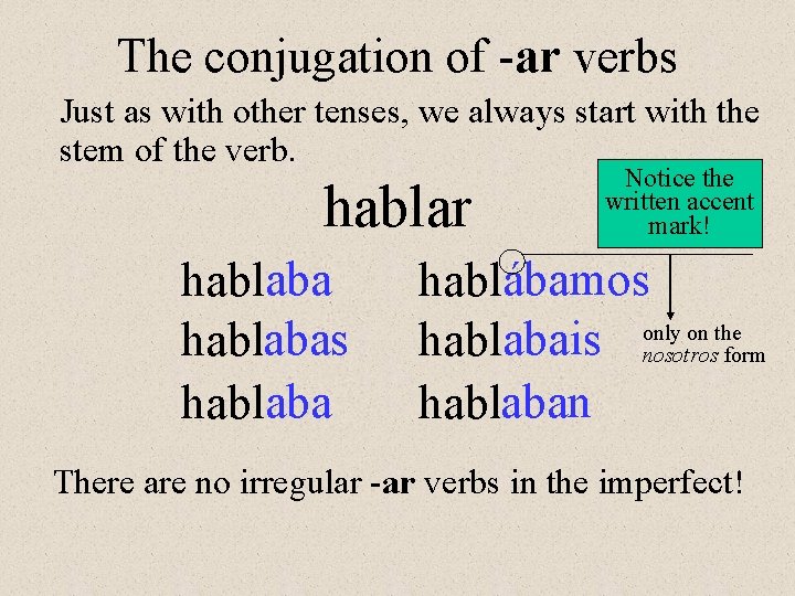 The conjugation of -ar verbs Just as with other tenses, we always start with