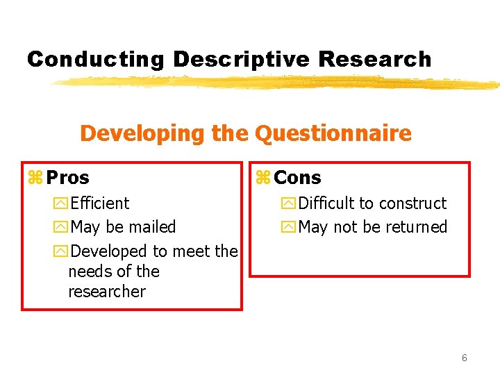 Conducting Descriptive Research Developing the Questionnaire z Pros y. Efficient y. May be mailed