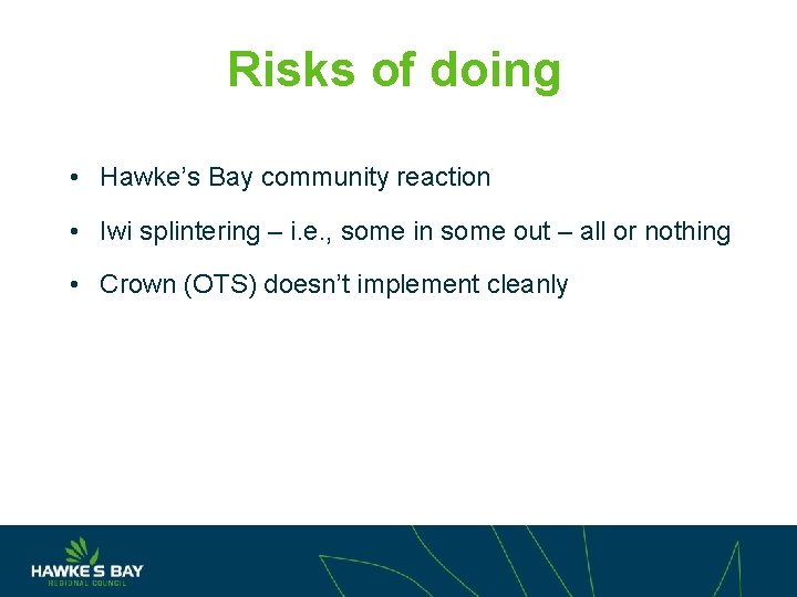 Risks of doing • Hawke’s Bay community reaction • Iwi splintering – i. e.