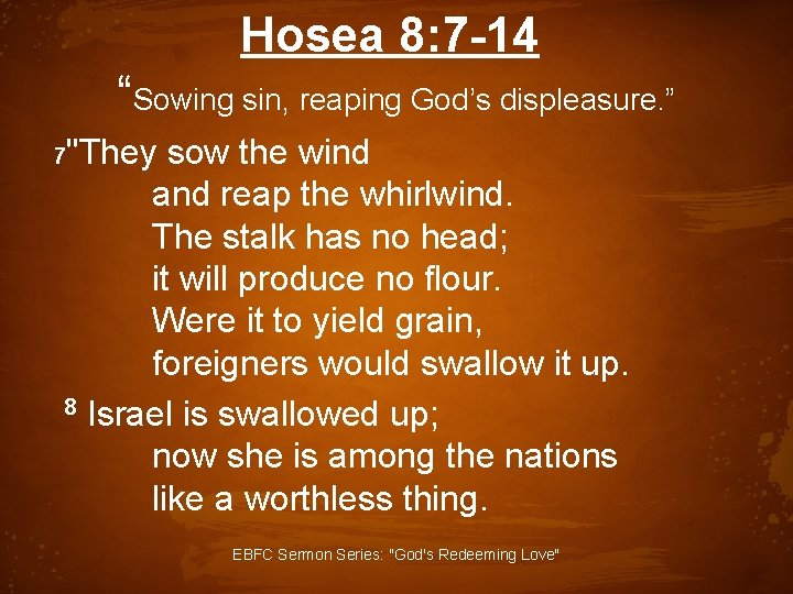 Hosea 8: 7 -14 “Sowing sin, reaping God’s displeasure. ” "They sow the wind