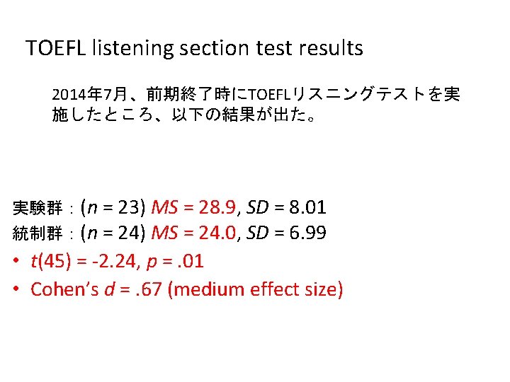 TOEFL listening section test results 2014年 7月、前期終了時にTOEFLリスニングテストを実 施したところ、以下の結果が出た。 実験群：(n = 23) MS = 28.