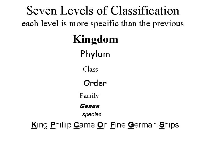 Seven Levels of Classification each level is more specific than the previous Kingdom Phylum