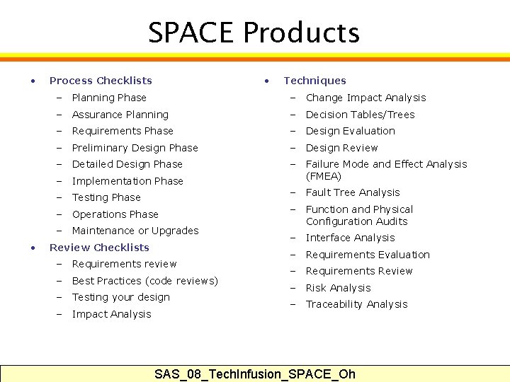 SPACE Products • • Process Checklists – Planning Phase – Change Impact Analysis –