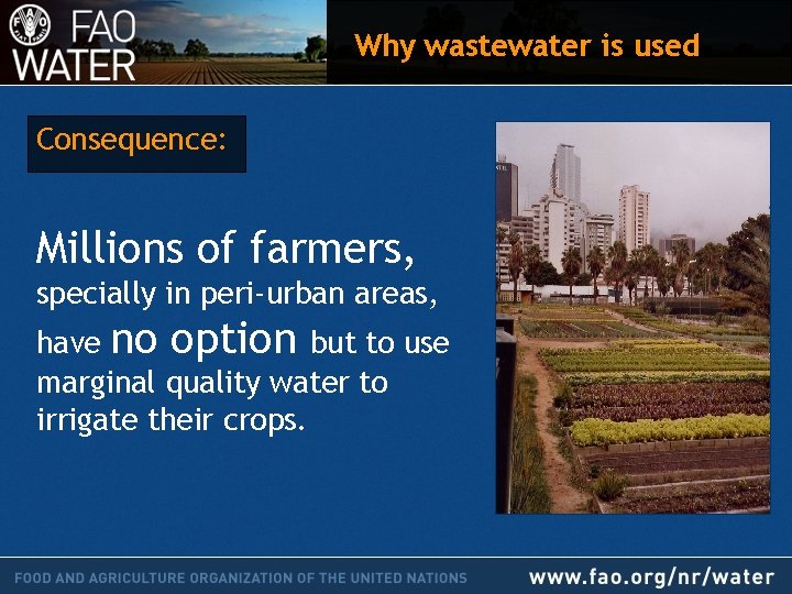 Why wastewater is used Consequence: Millions of farmers, specially in peri-urban areas, have no