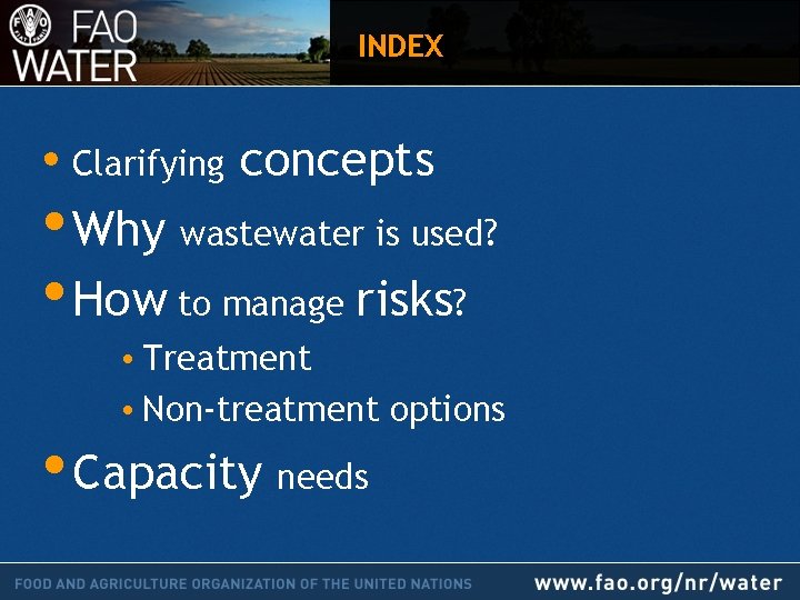 INDEX • Clarifying concepts • Why wastewater is used? • How to manage risks?