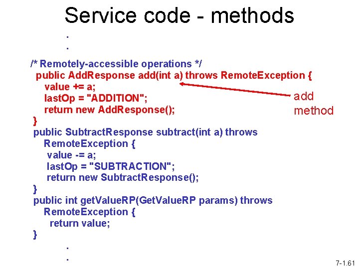 Service code - methods. . /* Remotely-accessible operations */ public Add. Response add(int a)