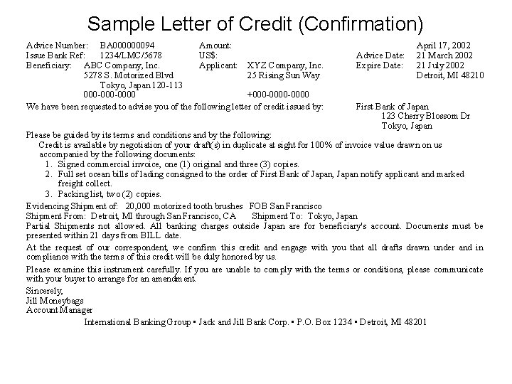 Sample Letter of Credit (Confirmation) Advice Number: BA 000000094 Amount: Issue Bank Ref: 1234/LMC/5678