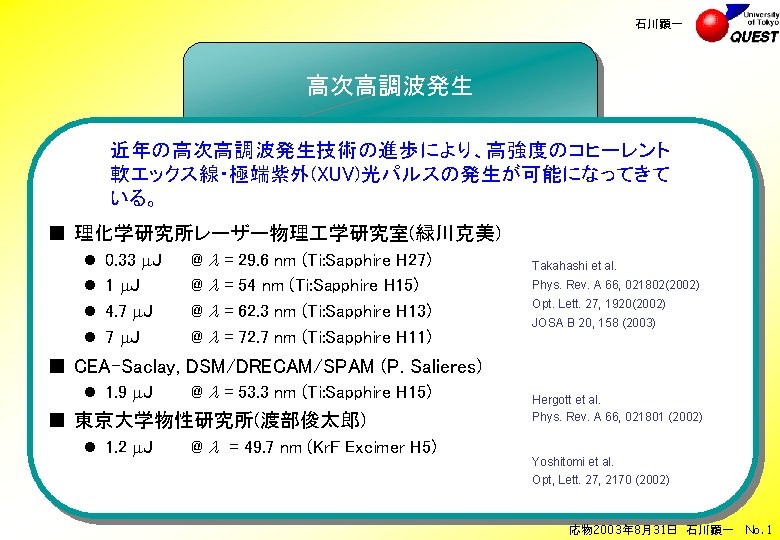 石川顕一 高次高調波発生 近年の高次高調波発生技術の進歩により、高強度のコヒーレント 軟エックス線・極端紫外(XUV)光パルスの発生が可能になってきて いる。 ■ 理化学研究所レーザー物理 学研究室(緑川克美) l l 0. 33 m. J