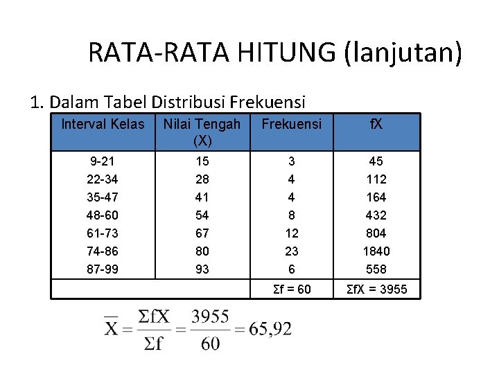 RATA-RATA HITUNG (lanjutan) 1. Dalam Tabel Distribusi Frekuensi Interval Kelas Nilai Tengah (X) Frekuensi