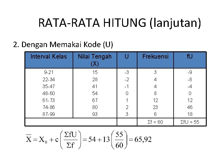RATA-RATA HITUNG (lanjutan) 2. Dengan Memakai Kode (U) Interval Kelas Nilai Tengah (X) U