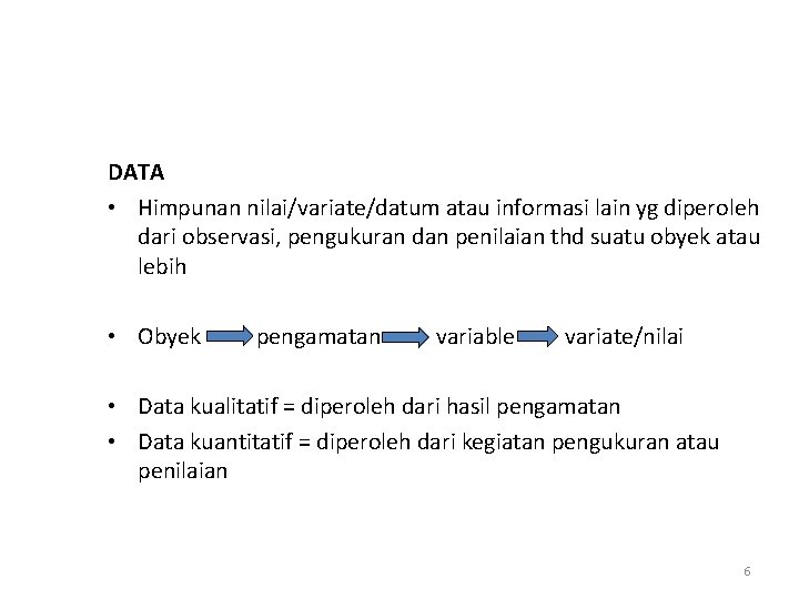 DATA • Himpunan nilai/variate/datum atau informasi lain yg diperoleh dari observasi, pengukuran dan penilaian