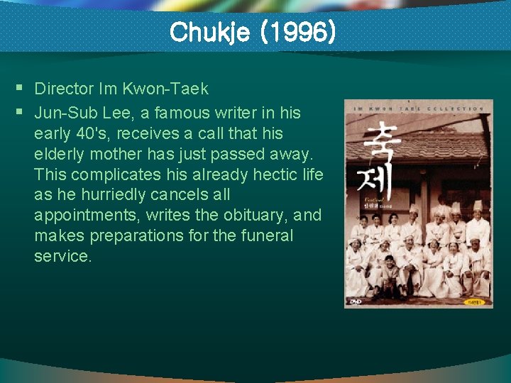 Chukje (1996) § Director Im Kwon-Taek § Jun-Sub Lee, a famous writer in his