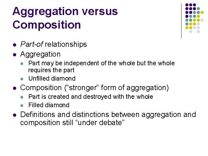 Aggregation versus Composition l l Part-of relationships Aggregation l l l Composition (“stronger” form