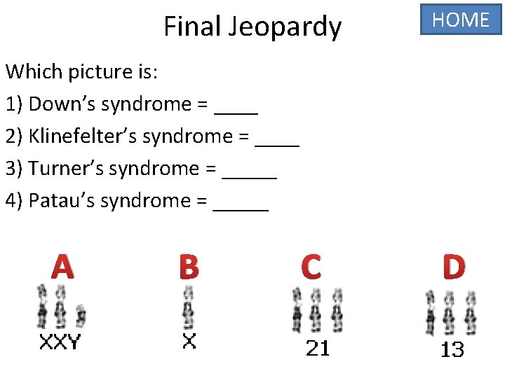 Final Jeopardy HOME Which picture is: 1) Down’s syndrome = ____ 2) Klinefelter’s syndrome