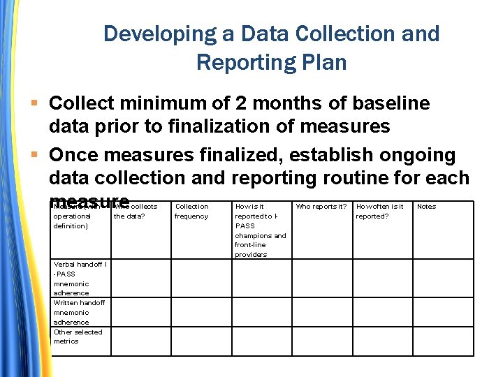 Developing a Data Collection and Reporting Plan Collect minimum of 2 months of baseline