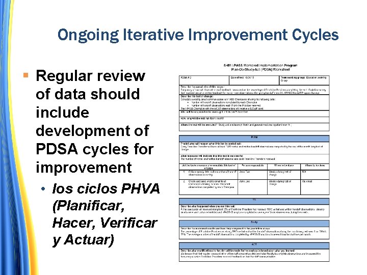 Ongoing Iterative Improvement Cycles Regular review of data should include development of PDSA cycles