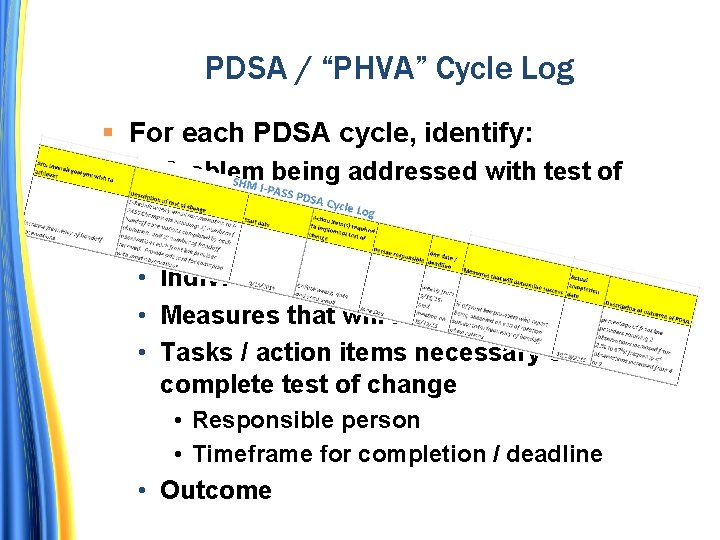 PDSA / “PHVA” Cycle Log For each PDSA cycle, identify: • Problem being addressed