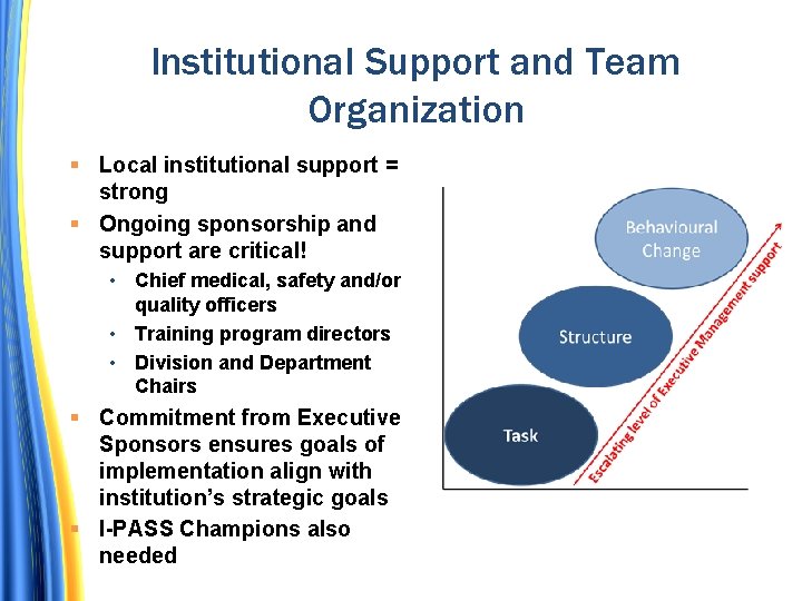 Institutional Support and Team Organization Local institutional support = strong Ongoing sponsorship and support