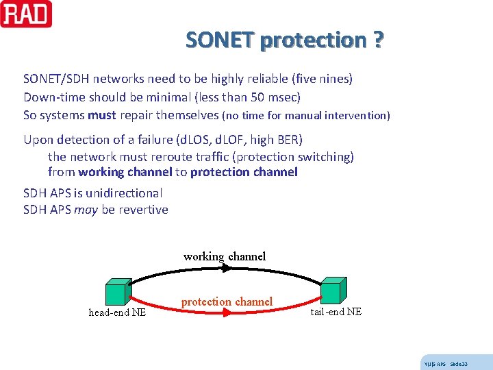 SONET protection ? SONET/SDH networks need to be highly reliable (five nines) Down-time should