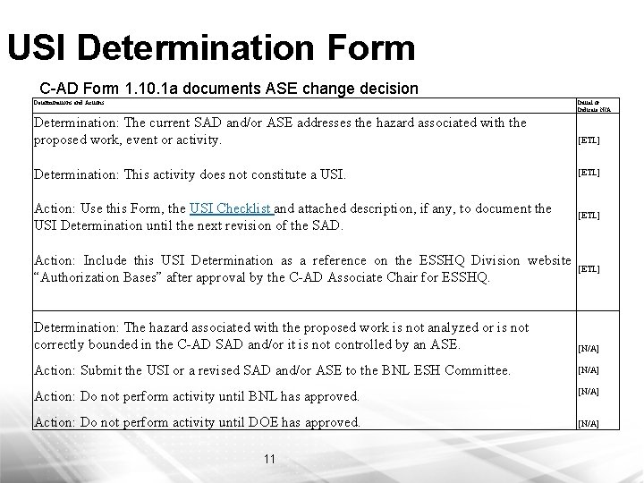 USI Determination Form C-AD Form 1. 10. 1 a documents ASE change decision Determinations
