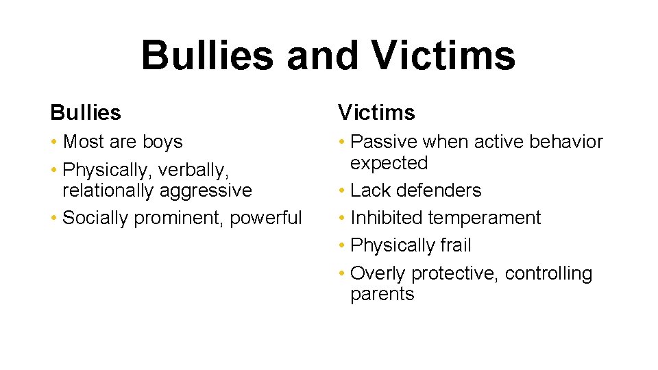 Bullies and Victims Bullies Victims • Most are boys • Physically, verbally, relationally aggressive