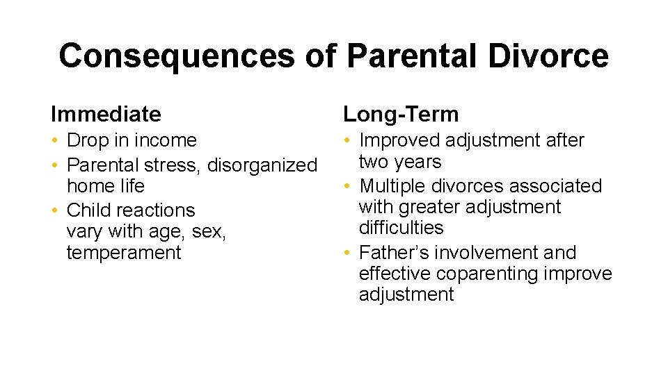 Consequences of Parental Divorce Immediate Long-Term • Drop in income • Parental stress, disorganized