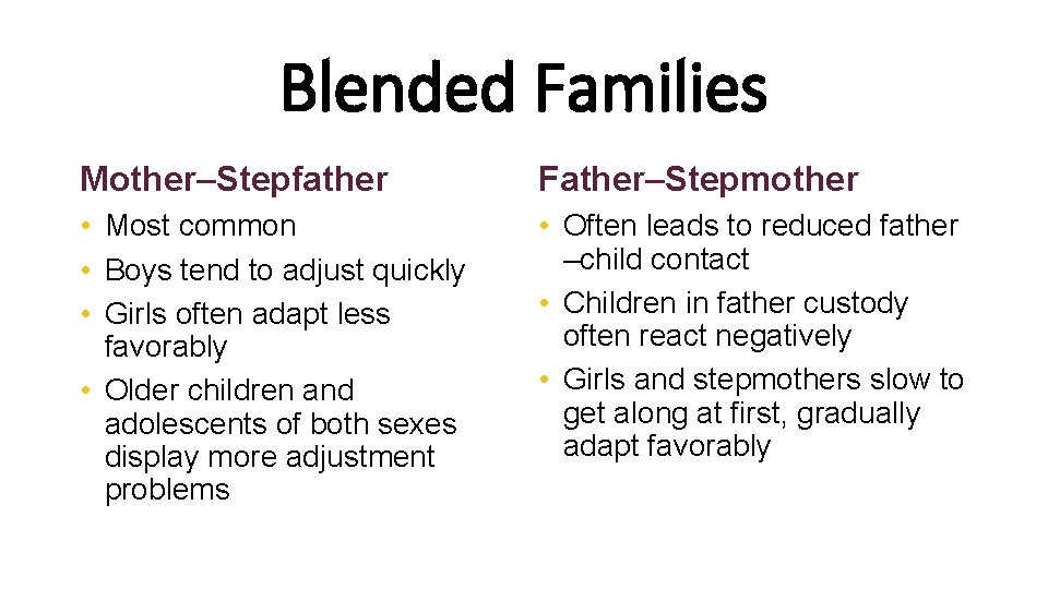 Blended Families Mother–Stepfather Father–Stepmother • Most common • Boys tend to adjust quickly •