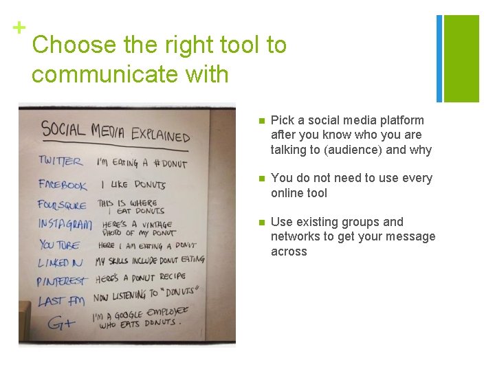 + Choose the right tool to communicate with n Pick a social media platform