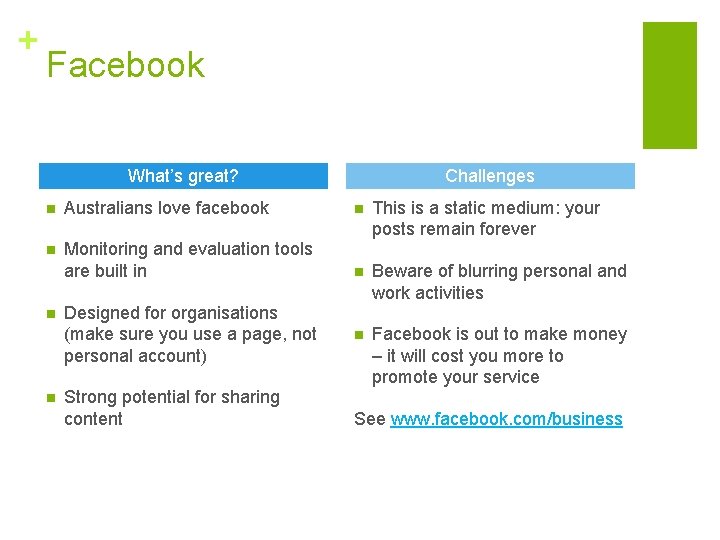 + Facebook What’s great? Challenges n Australians love facebook n n Monitoring and evaluation