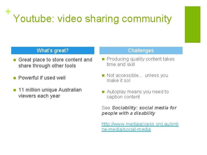 + Youtube: video sharing community What’s great? Challenges n Great place to store content
