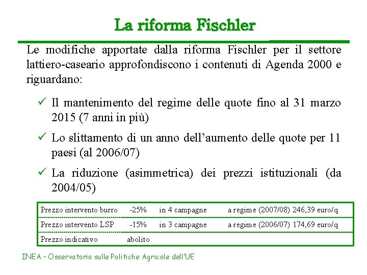 La riforma Fischler Le modifiche apportate dalla riforma Fischler per il settore lattiero-caseario approfondiscono