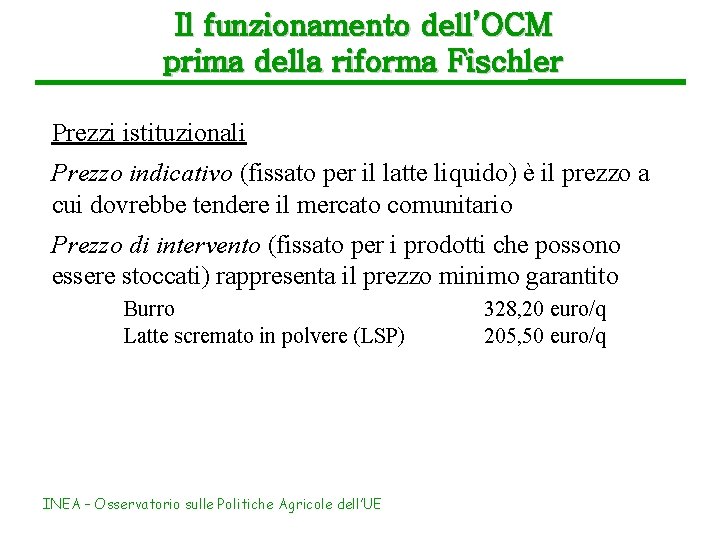 Il funzionamento dell’OCM prima della riforma Fischler Prezzi istituzionali Prezzo indicativo (fissato per il