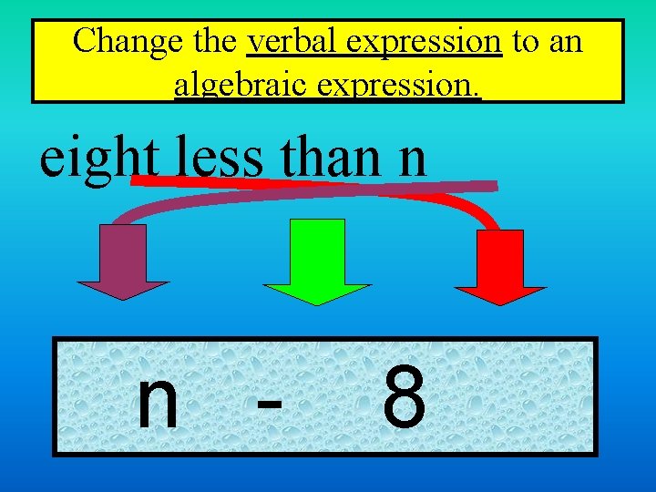 Change the verbal expression to an algebraic expression. eight less than n n -