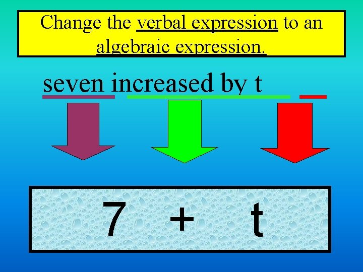 Change the verbal expression to an algebraic expression. seven increased by t 7 +