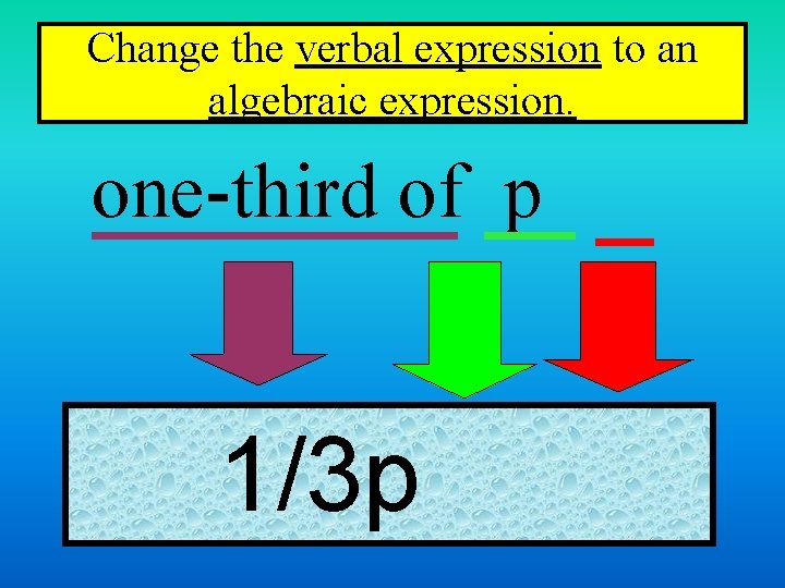 Change the verbal expression to an algebraic expression. one-third of p 1/3 p 