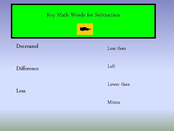 Key Math Words for Subtraction Decreased Less than Difference Left Less Lower than Minus