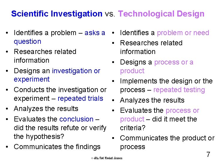 Scientific Investigation vs. Technological Design • Identifies a problem – asks a question •