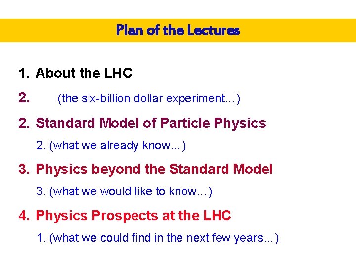 Plan of the Lectures 1. About the LHC 2. (the six-billion dollar experiment…) 2.