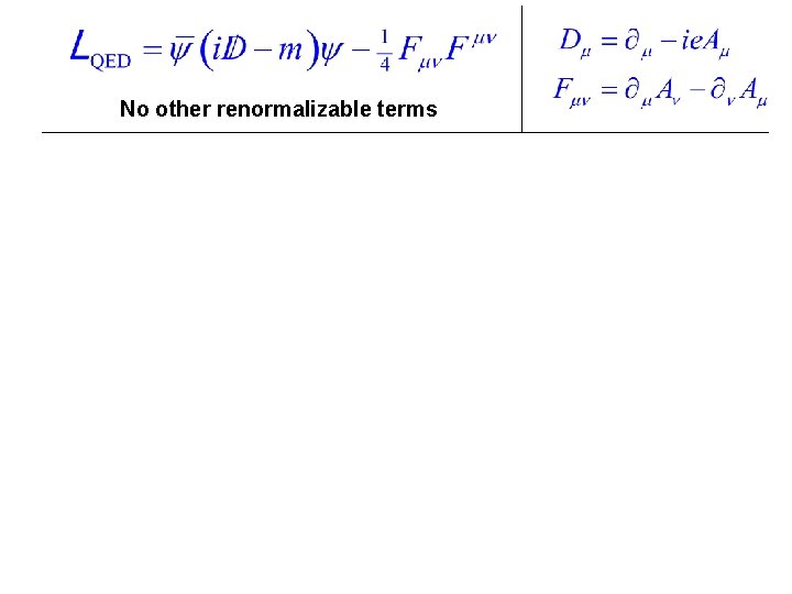 No other renormalizable terms Invariance under local U(1) gauge transformations: : First kind :