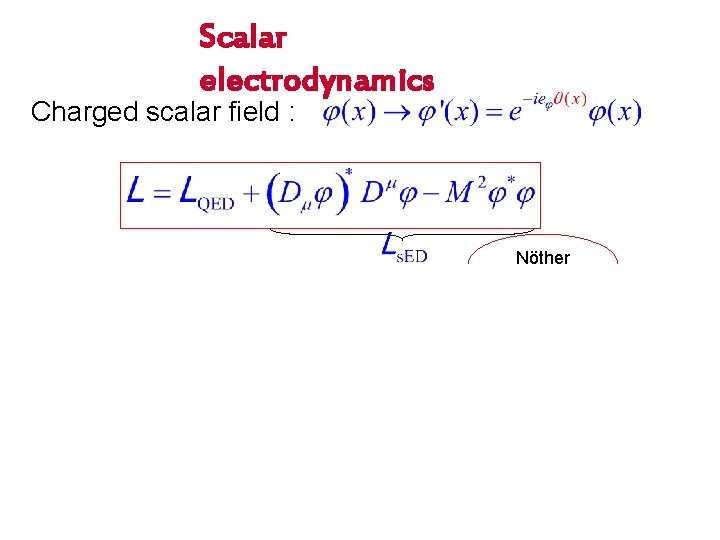 Scalar electrodynamics Charged scalar field : Nöther current Expands out to: free scalar pair