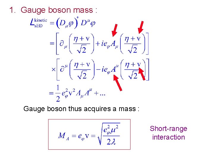 1. Gauge boson mass : Gauge boson thus acquires a mass : Short-range interaction