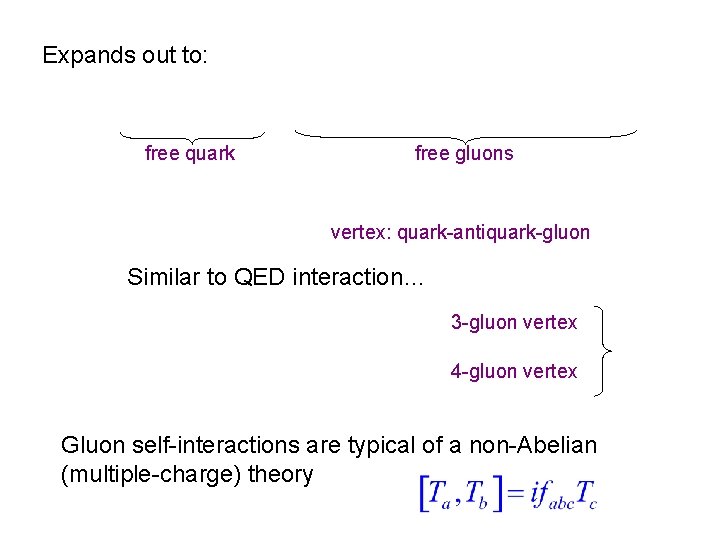 Expands out to: free quark free gluons vertex: quark-antiquark-gluon Similar to QED interaction… 3