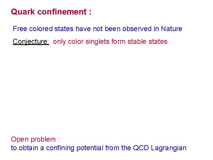 Quark confinement : Free colored states have not been observed in Nature Conjecture: only